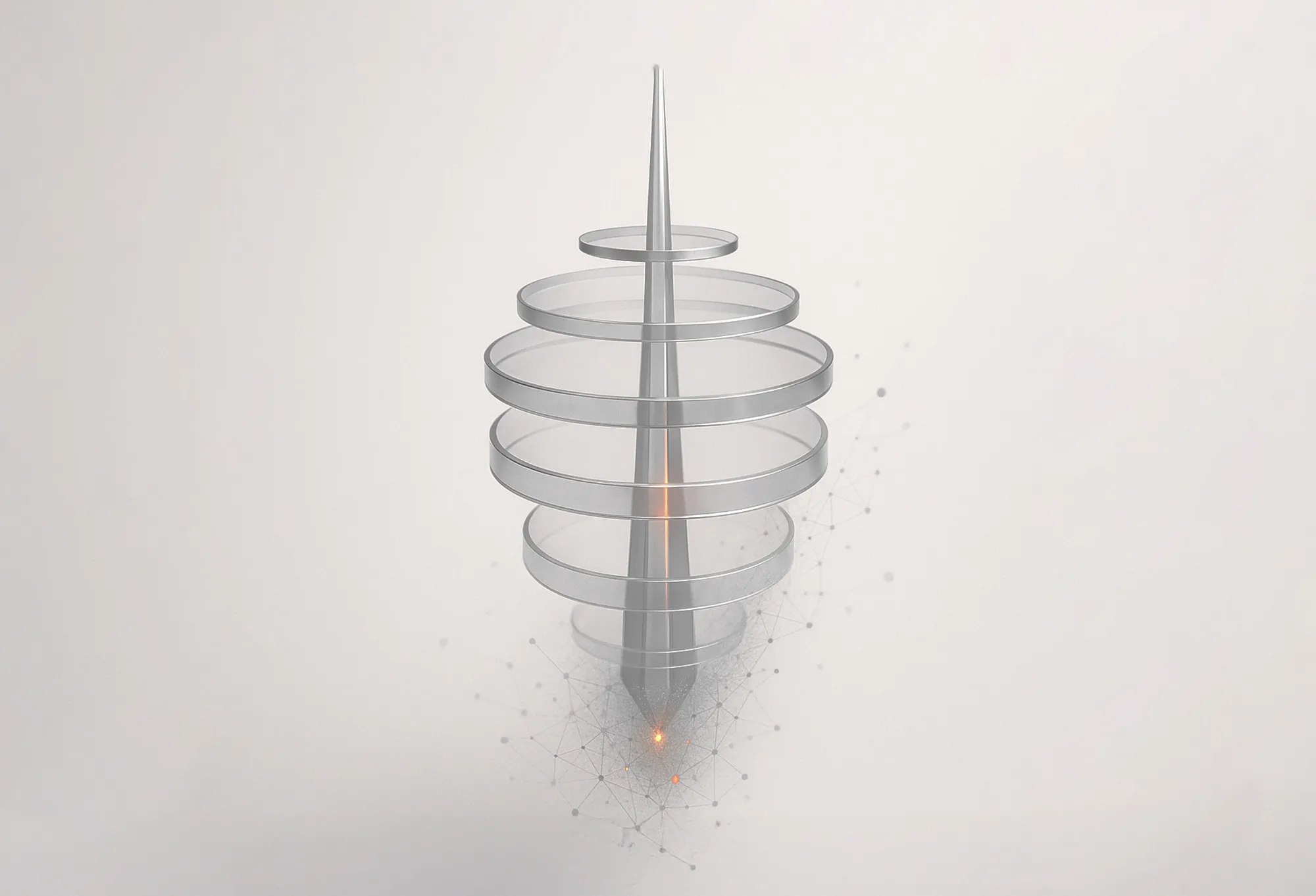 Stacked transparent circular discs on a pointed axis, symbolizing targeted reach in advertising strategies.