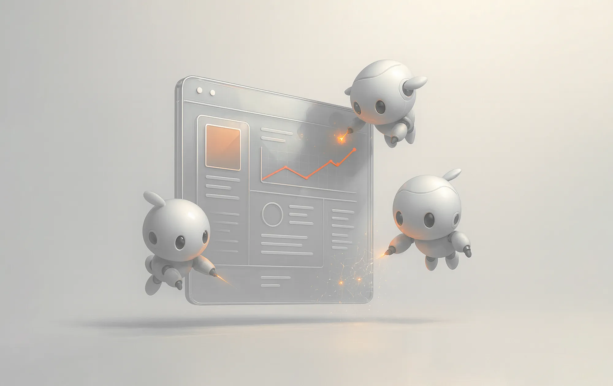 Tre små roboter som analyserer et digitalt dashboard – illustrerer hvordan Google Analytics kan forbedre nettsideytelse.