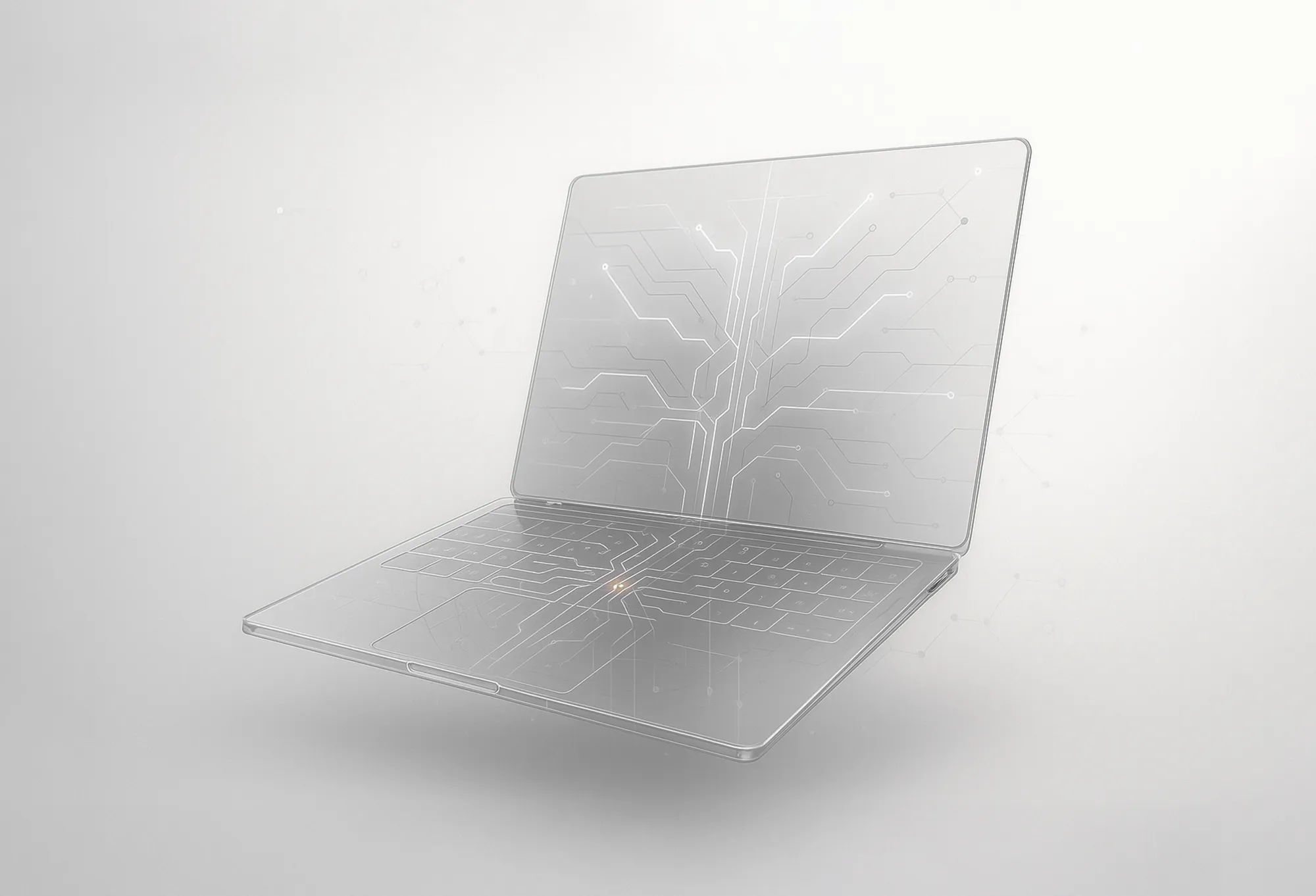 A translucent laptop with glowing circuits on screen and keyboard, representing B2B digital marketing for lead generation.