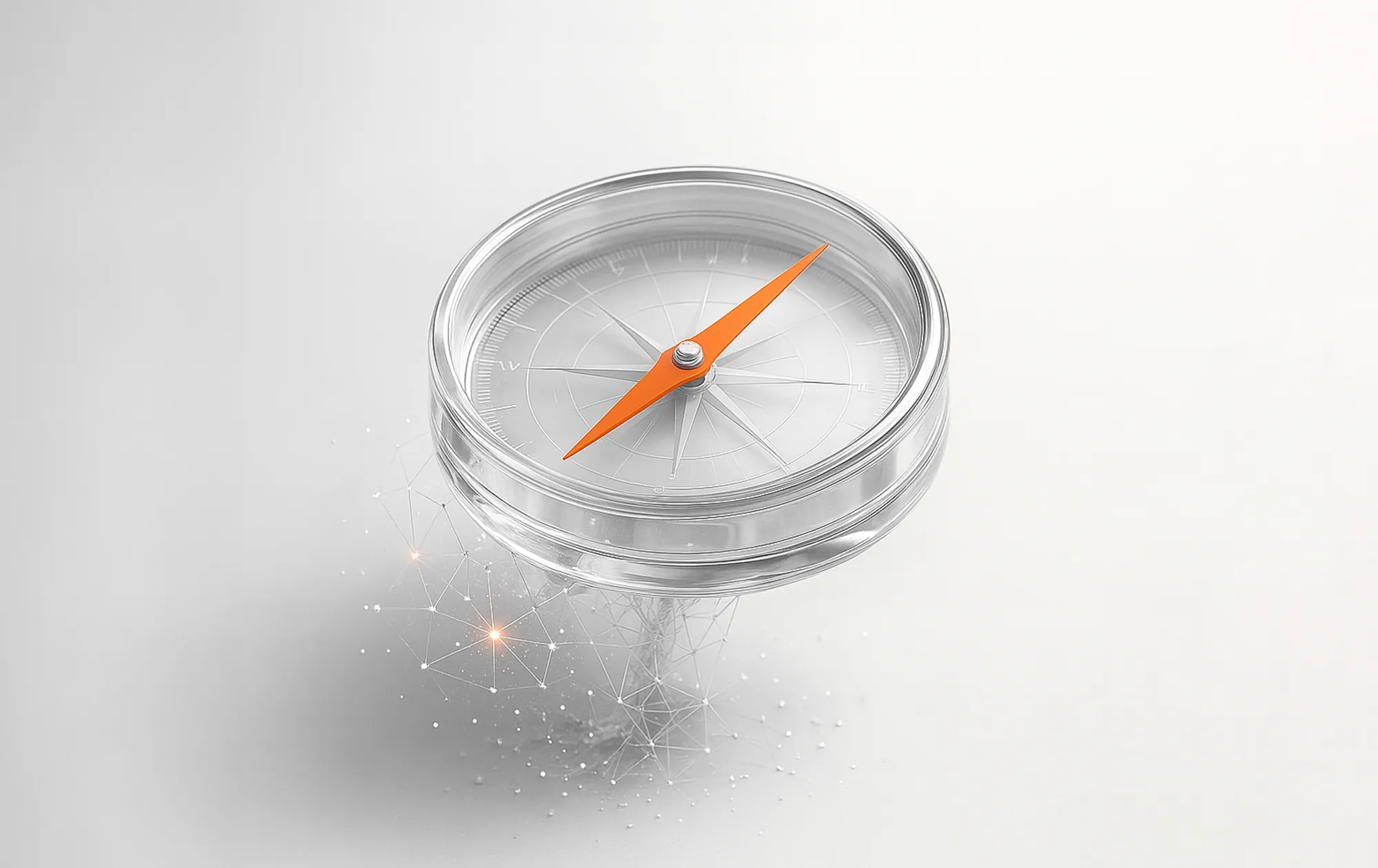 Transparent kompass med oransje nål – illustrerer bedre datanøyaktighet i Google Analytics.