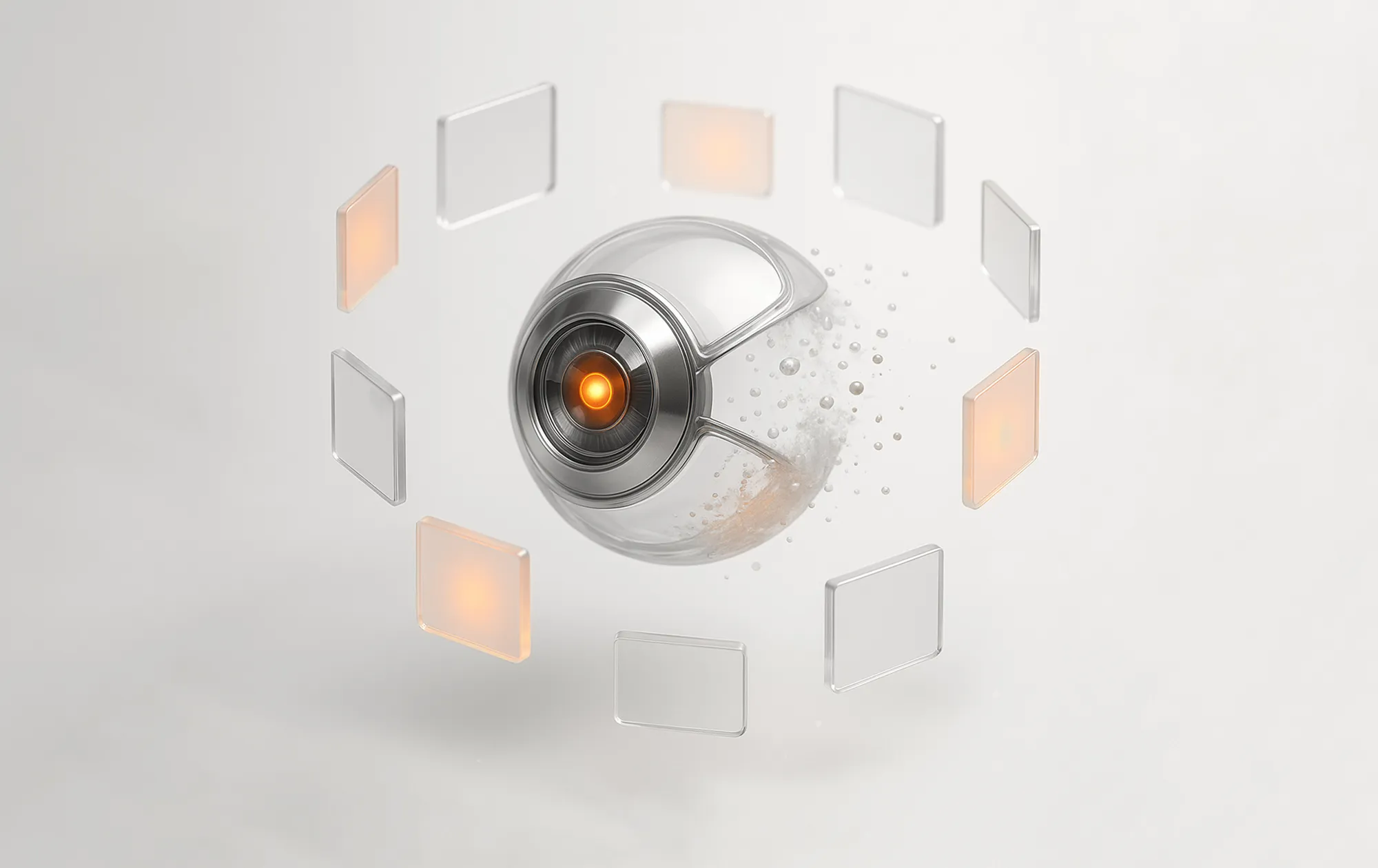 Abstrakt kule med oransje kjerne omgitt av digitale paneler – symboliserer retargeting for flere konverteringer.