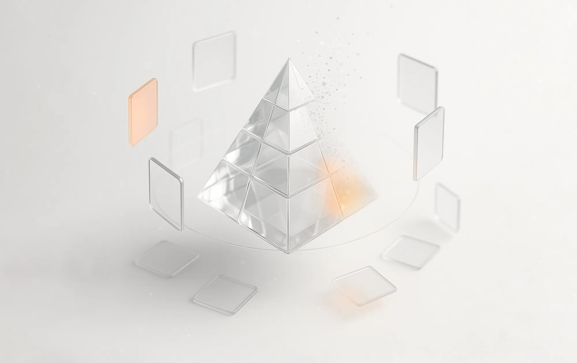 Transparent pyramide med svevende oransje og transparente ruter – illustrerer helhetlig budskap og bygging av merkevareidentitet.