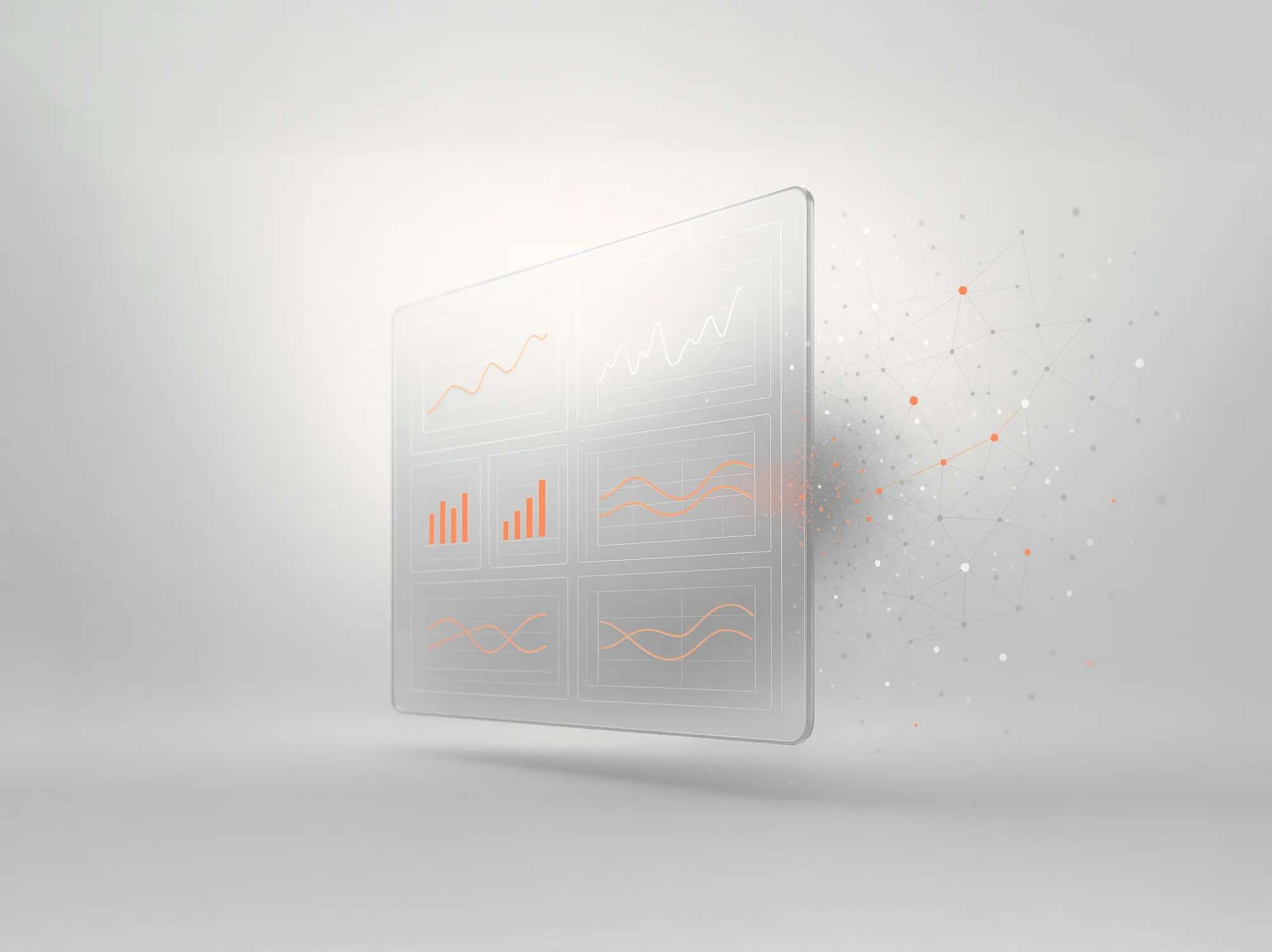 Transparent digital skjerm med oransje og hvite grafer – illustrerer datadrevne anbefalinger for smartere markedsføring.