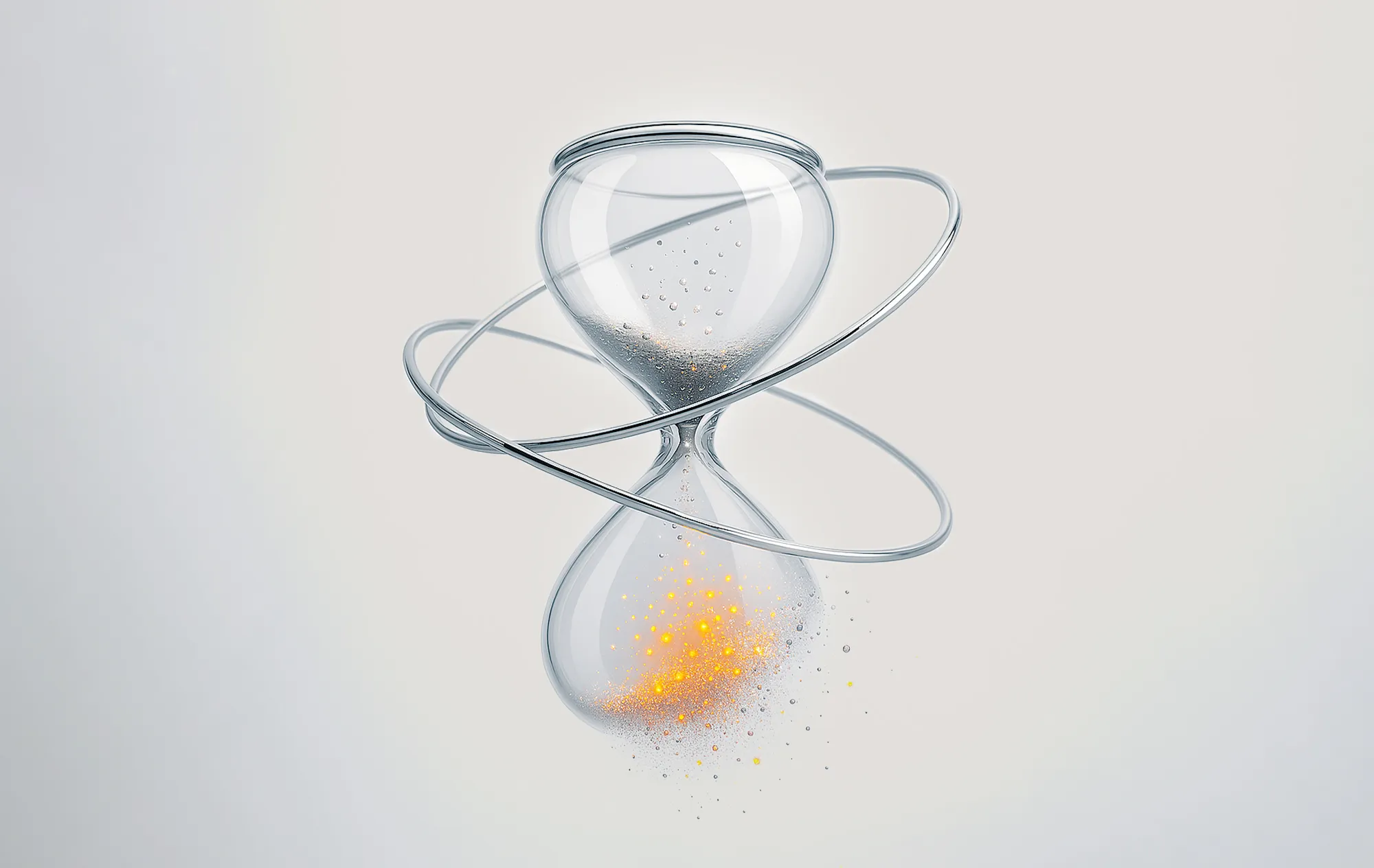 Transparent timeglass med metalliske ringer og oransje partikler formidler tidspress i e-handelsannonsering.