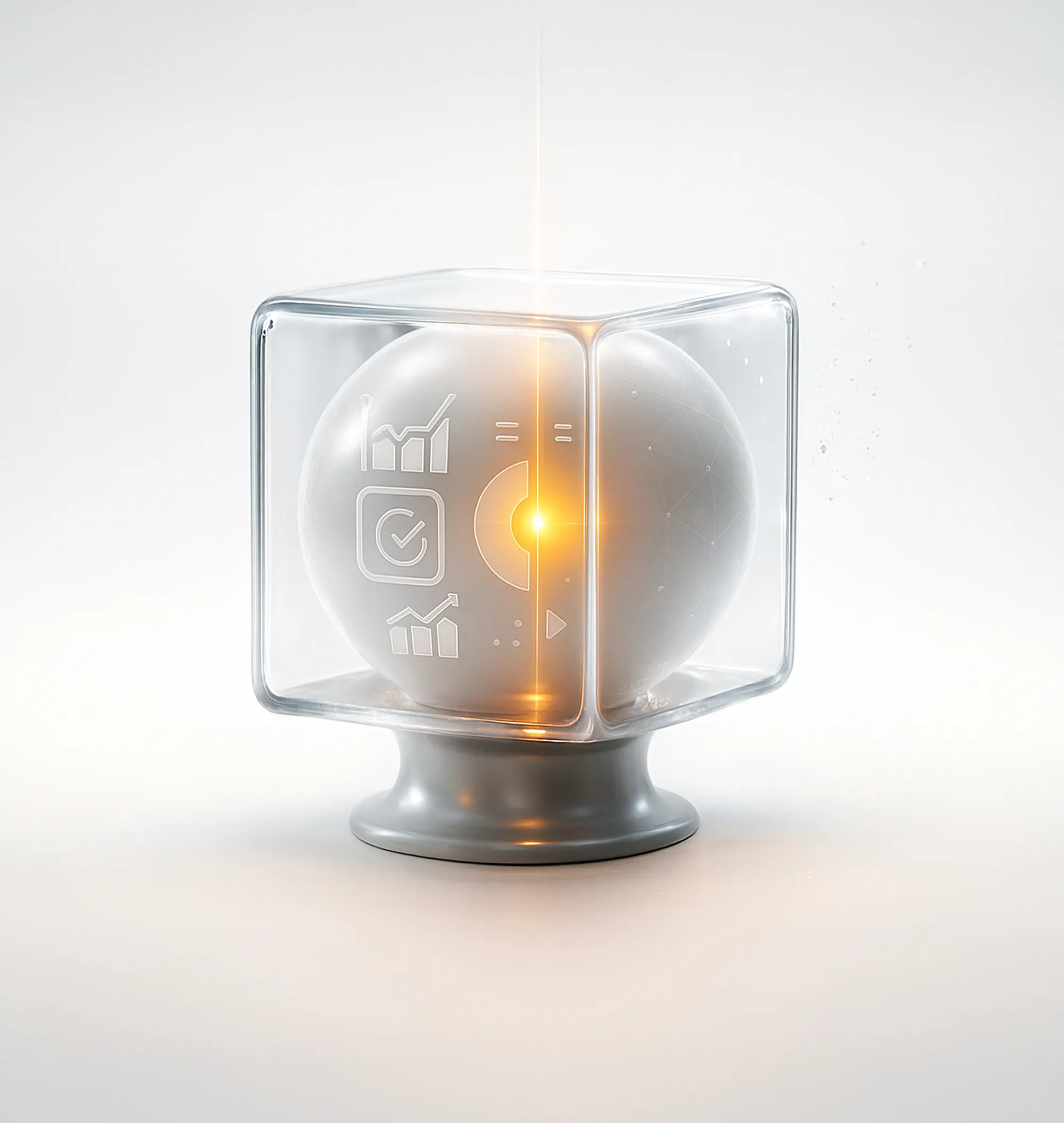 Transparent glasskube med en glødende kule, samt sjekkliste-, graf- og play-ikoner – illustrerer digital helsesjekk (audit).