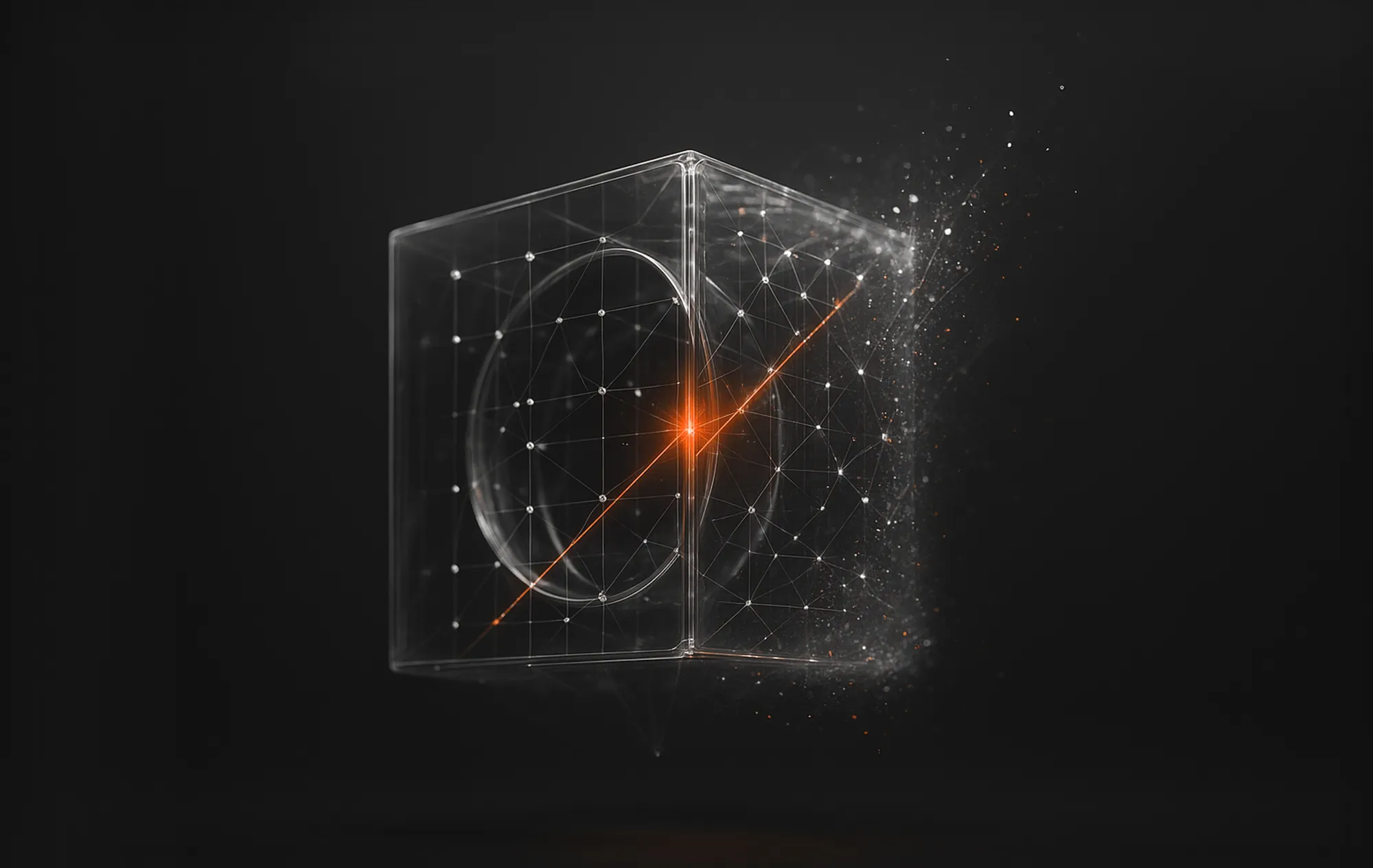 Transparent 3D-kube med glødende noder og en oransje diagonal linje – symboliserer en annonsegjennomgang (audit) av Facebook-annonsering.