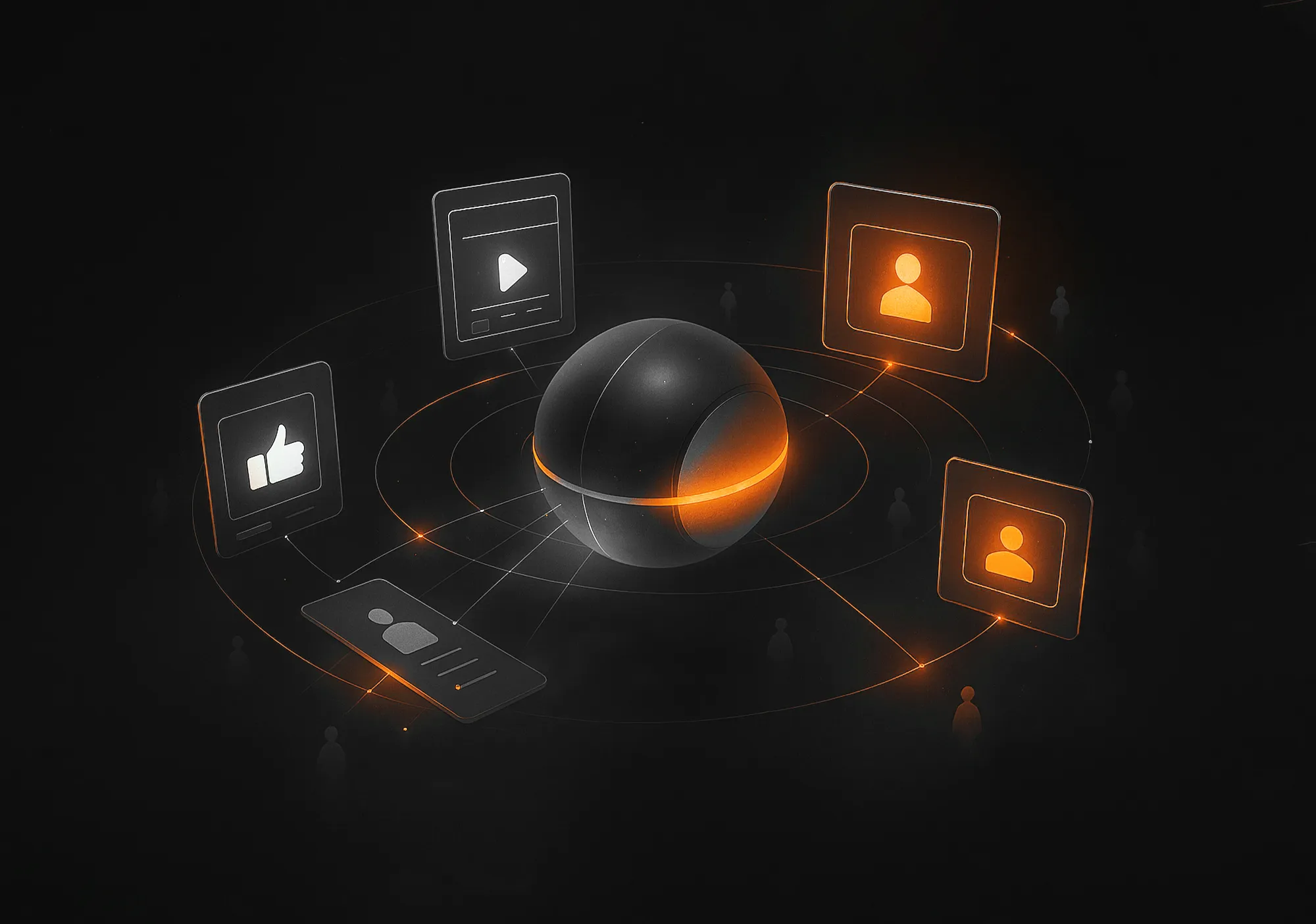 Black sphere with orange stripe surrounded by ads icons, representing Facebook advertising services.
