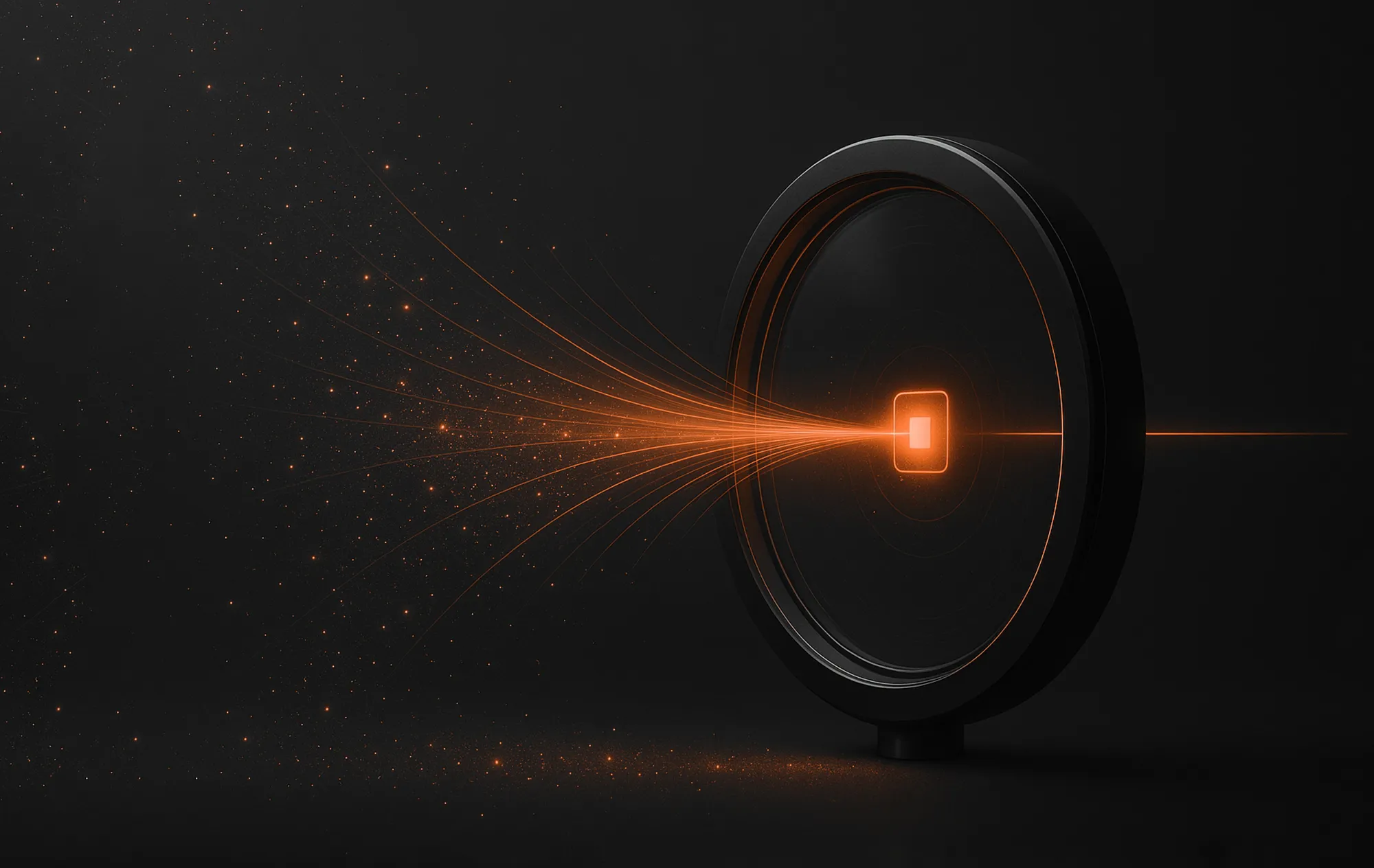 Futuristisk, sirkulært objekt med oransje lysutbrudd som illustrerer økt rekkevidde på Facebook gjennom sosiale medier-markedsføring.
