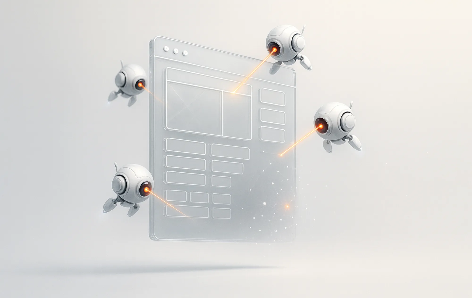 Fire små roboter som skyter oransje lasere mot en nettside – illustrerer en audit-prosess for bedre SEO-rådgivning.