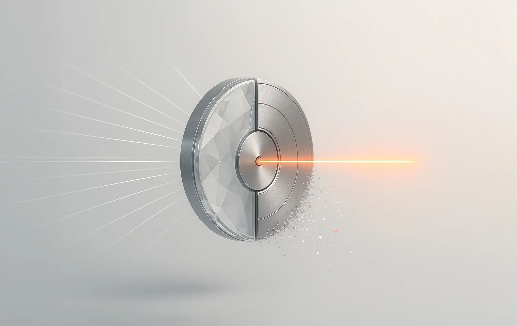 Laser som passerer gjennom en segmentert, transparent kule og sprer seg utover – illustrerer vekst i avkastning (ROI).