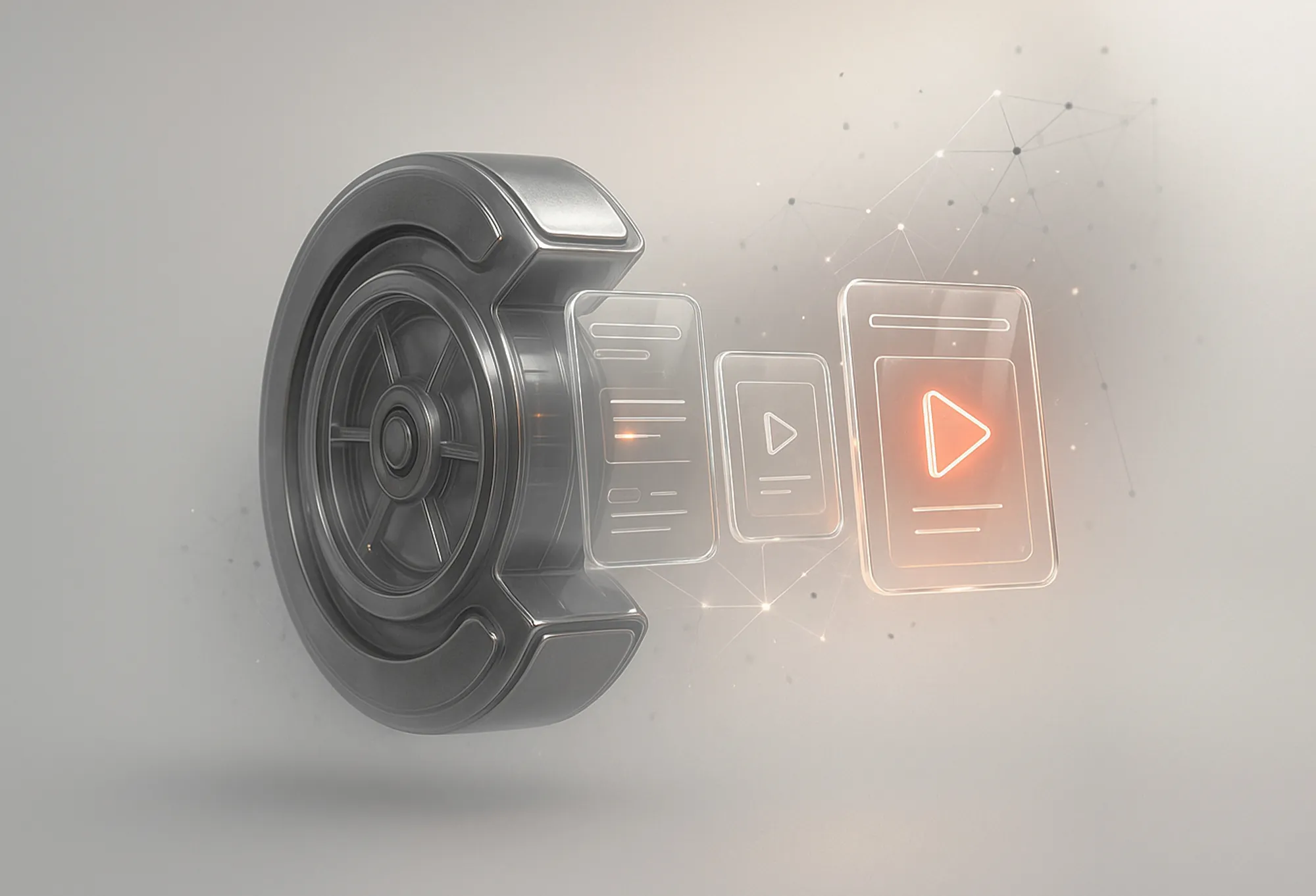Metallisk filmprojektor som produserer svevende digitale skjermer – representerer innovative innholdsmarkedsføringsstrategier.