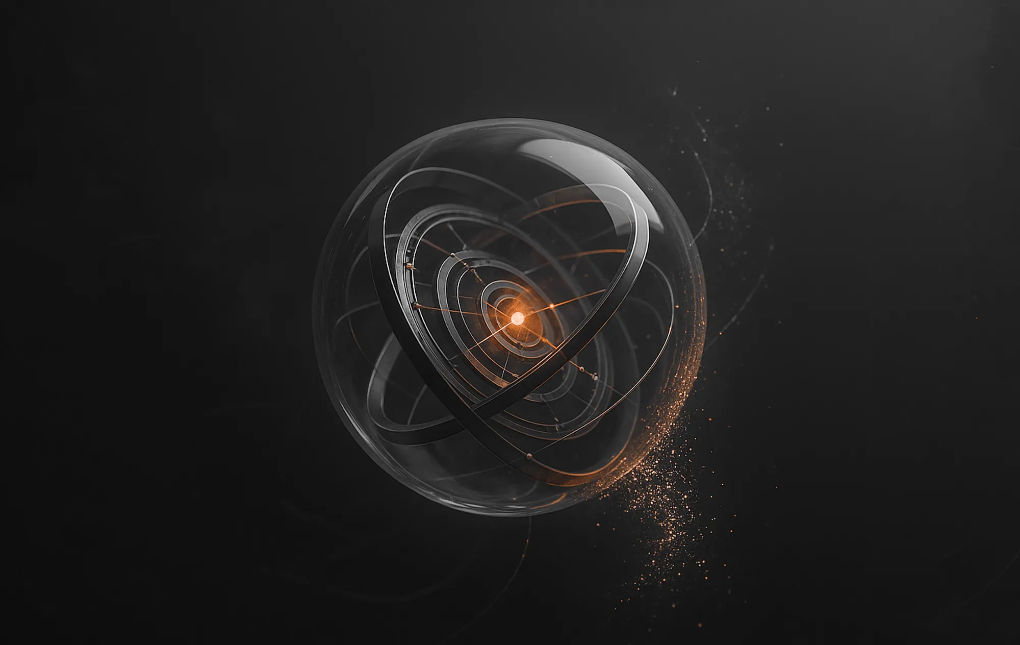 Glasskule med glødende oransje sentrum og ringer i bane – illustrerer datadrevet kampanjestyring og optimalisering.