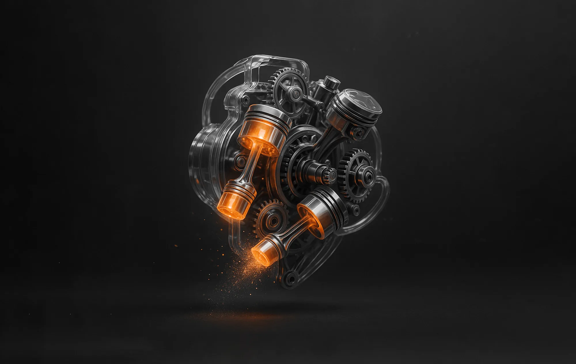 Flytende metallgir og stempler med oransje gnister – symboliserer presisjon i kampanjestyring.