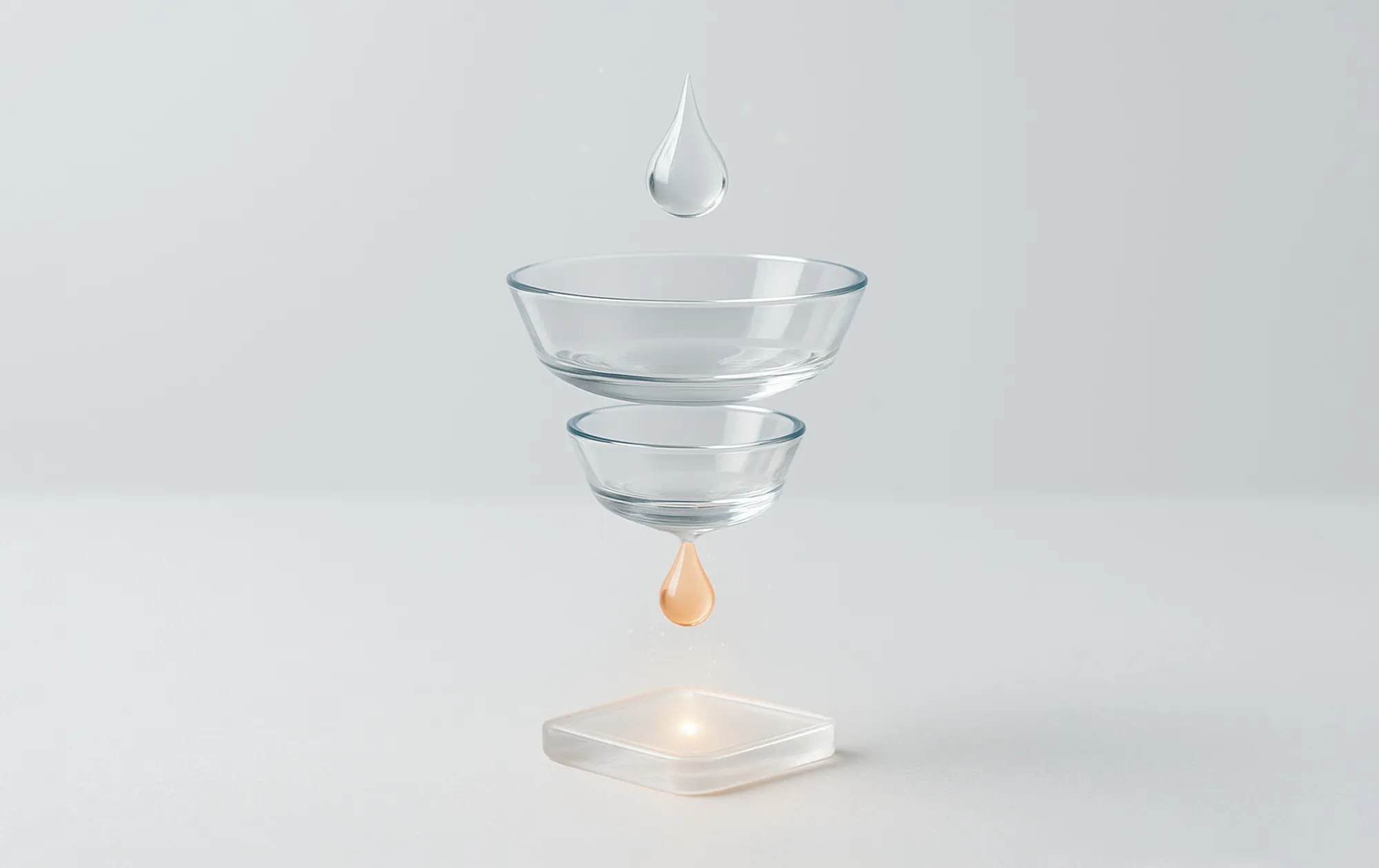 Stablede glasstrakter som leder dråper inn til ett punkt – symboliserer konverteringsoptimalisering (CRO).