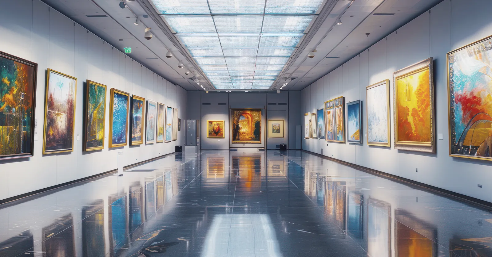 Kunstgalleri med fargerike malerier, som fremhever vårt kundecase i drift av en Instagram-side for visuell kunst.