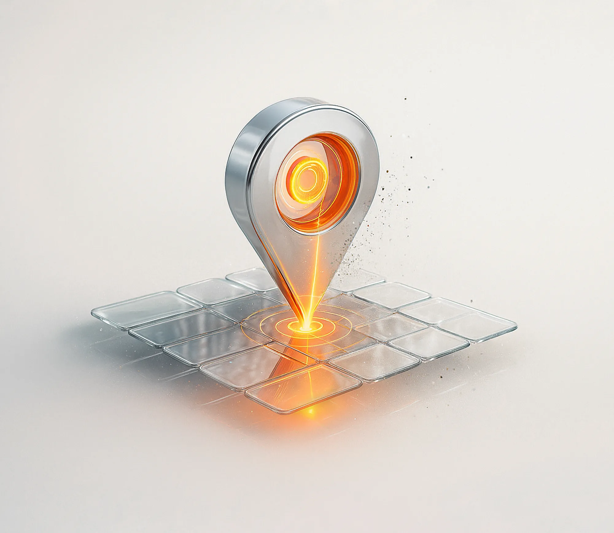 Metallisk kartnål med oransje glød på glassfliser – illustrerer presisjon og synlighet i lokal SEO.