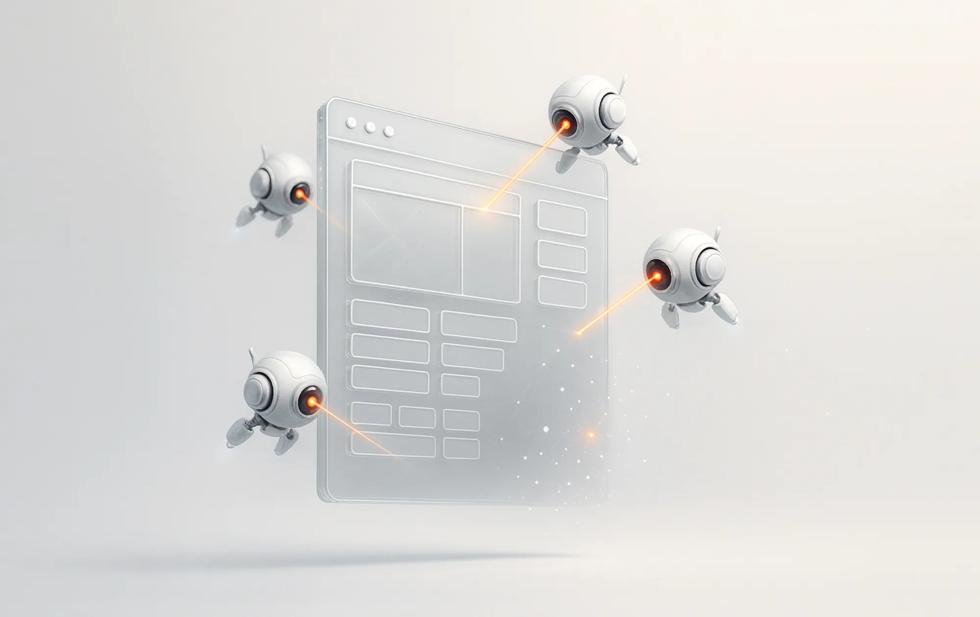 Små flyvende roboter som skanner en transparent side med oransje lasere i et hvitt rom – illustrerer innholdsoptimalisering på nettsiden.