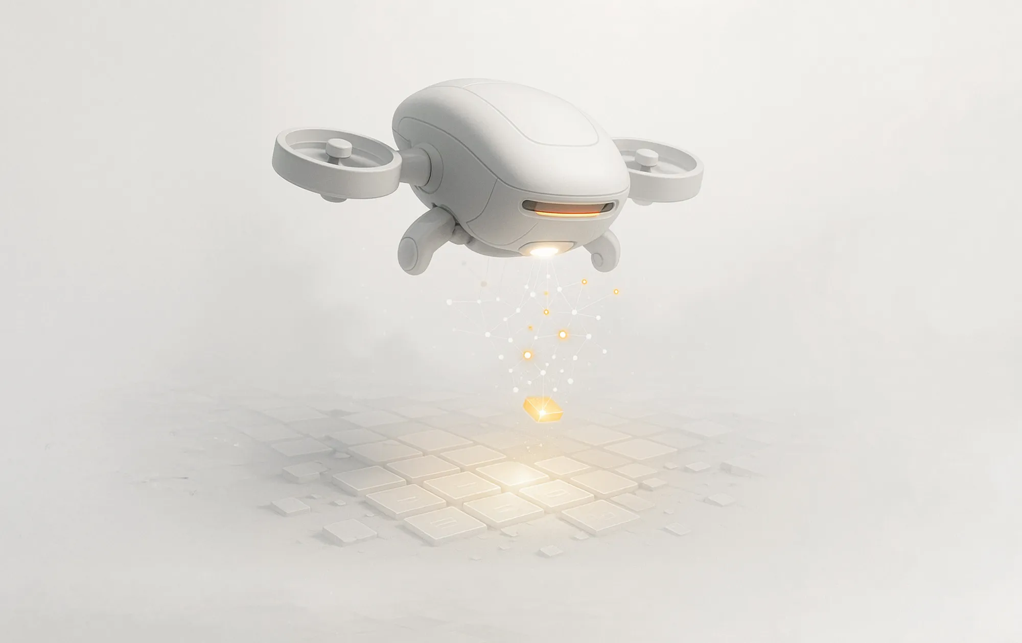 Liten hvit drone som svever over et rutenett og slipper glødende partikler – illustrerer søkeordsanalyse for lokal SEO.