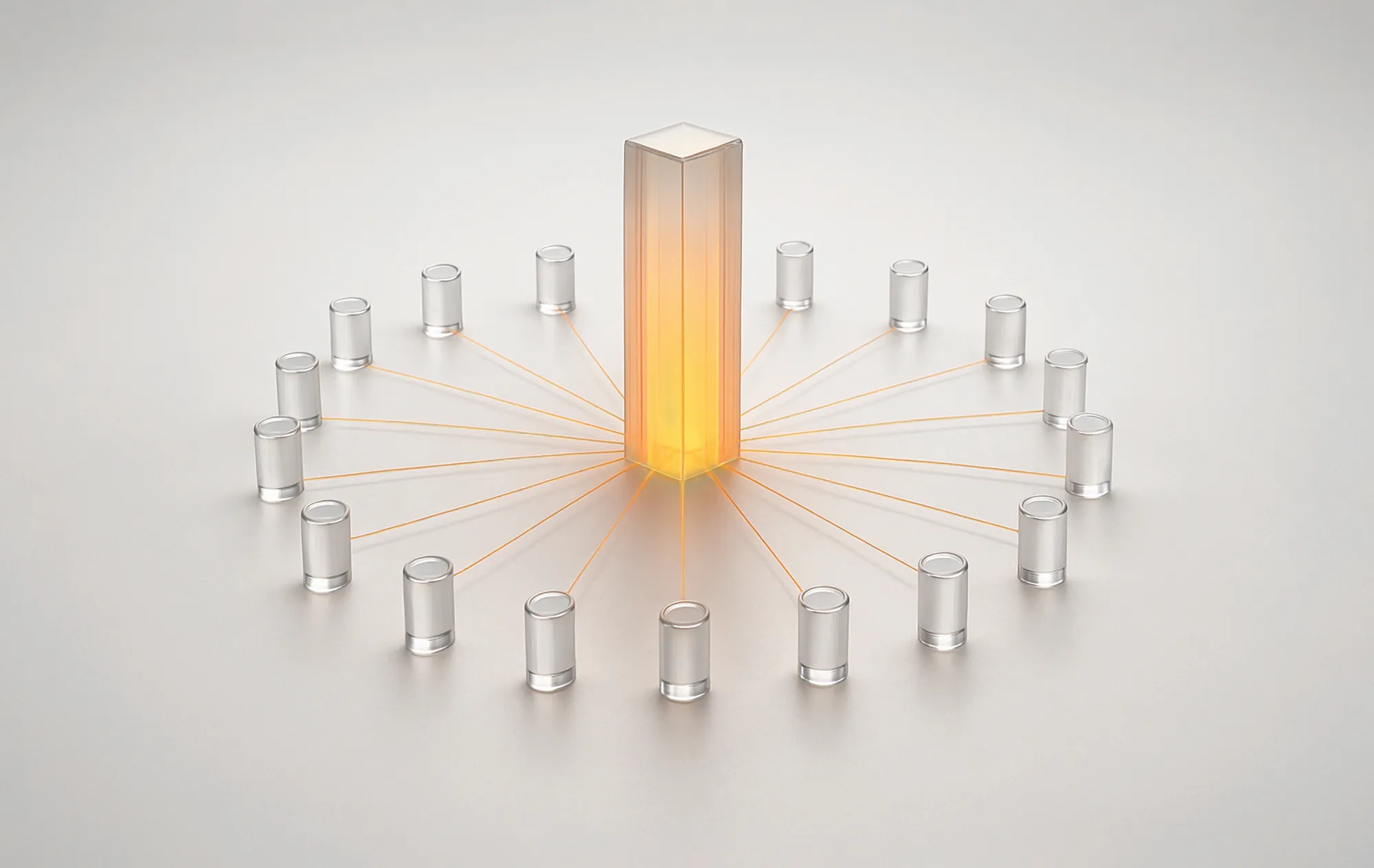 Høy glassøyle koblet med oransje linjer til mindre sylindre – representerer off-page SEO og optimalisering av backlinks.