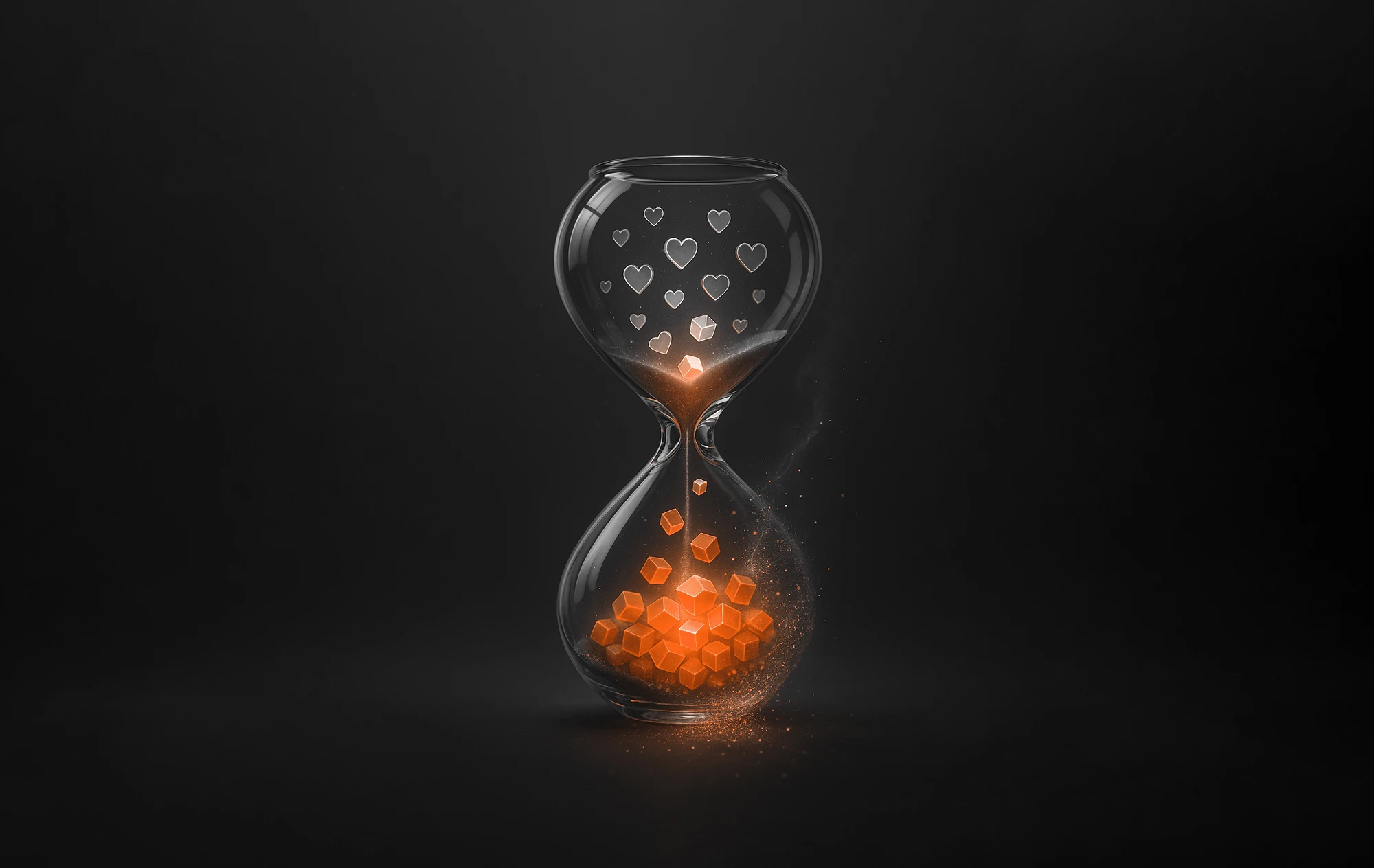 Timeglass som forvandler hjerter til glødende kuber – symboliserer økte konverteringer og omsetning.