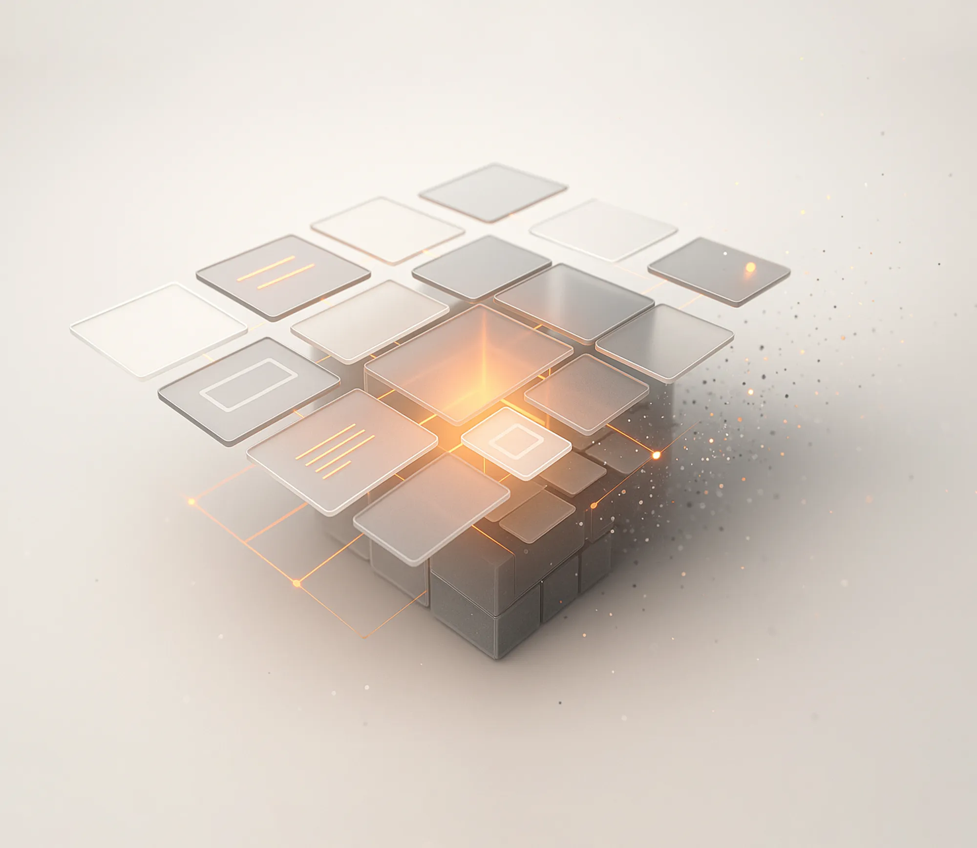 3D cube with glowing, translucent tiles, visually representing interconnected elements of on-page SEO strategy.