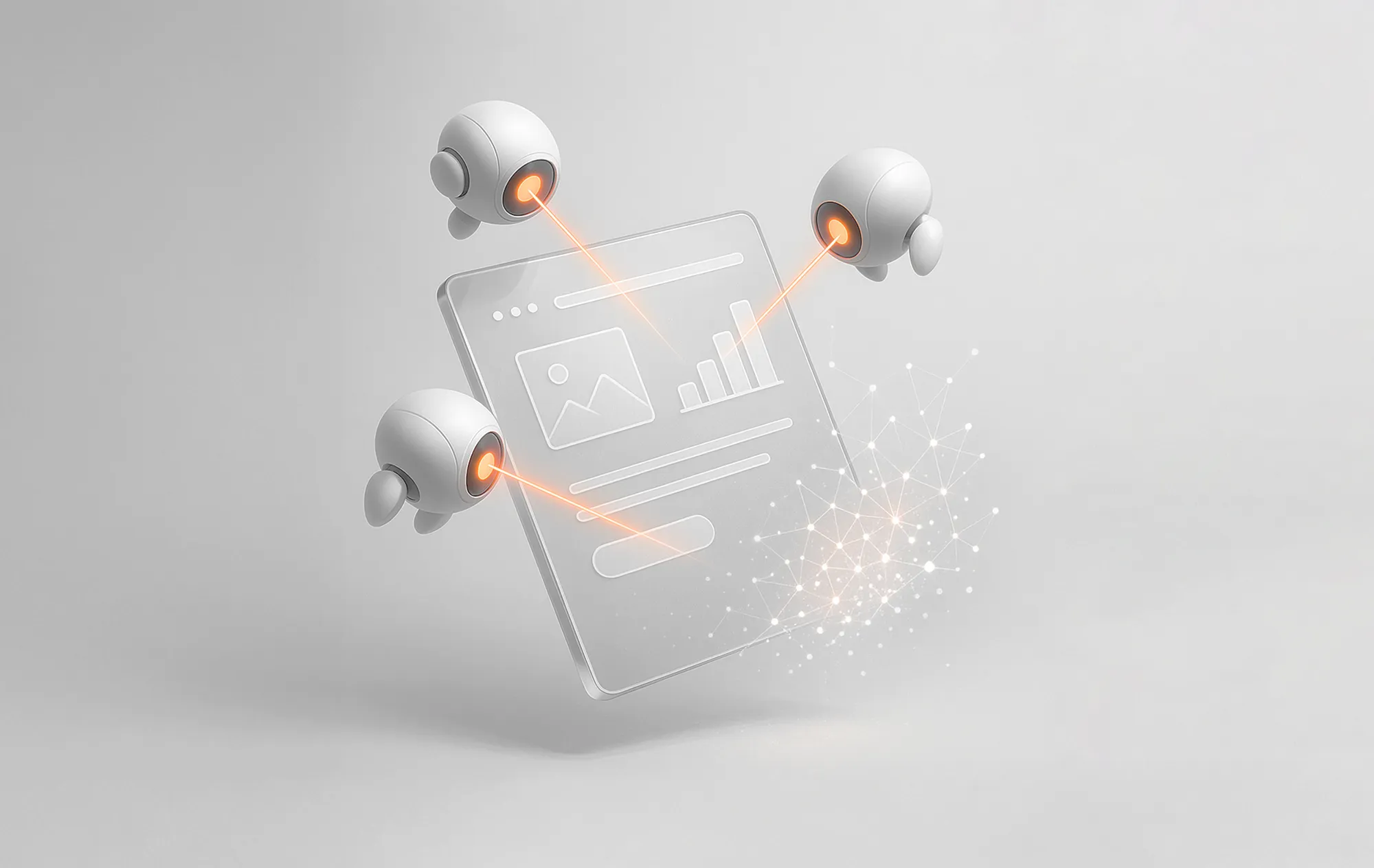 Droner skanner et digitalt dokument med bilde og stolpediagram – illustrerer en digital markedsføringsaudit.