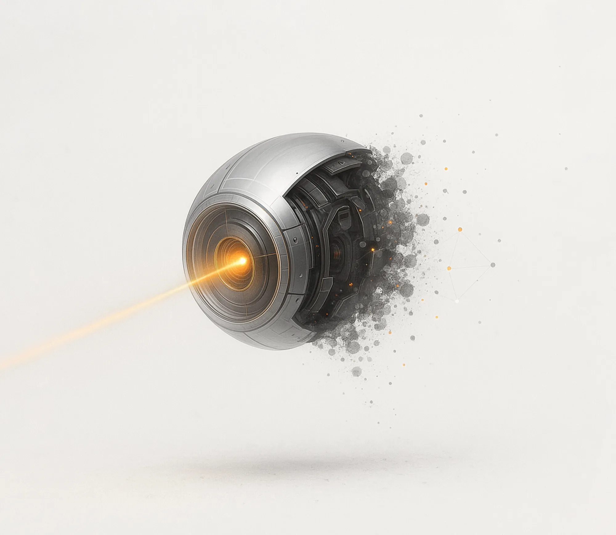 Metallic robotic eye emits a laser beam, symbolizing the SEO audit process in search engine optimization.