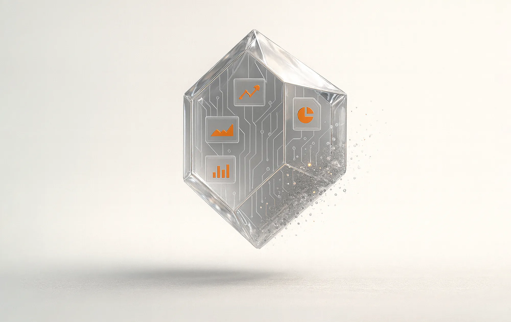 Gjennomsiktig sekskant med kretsmønster og oransje analyseikoner – illustrerer avansert webanalyse og rapportering.
