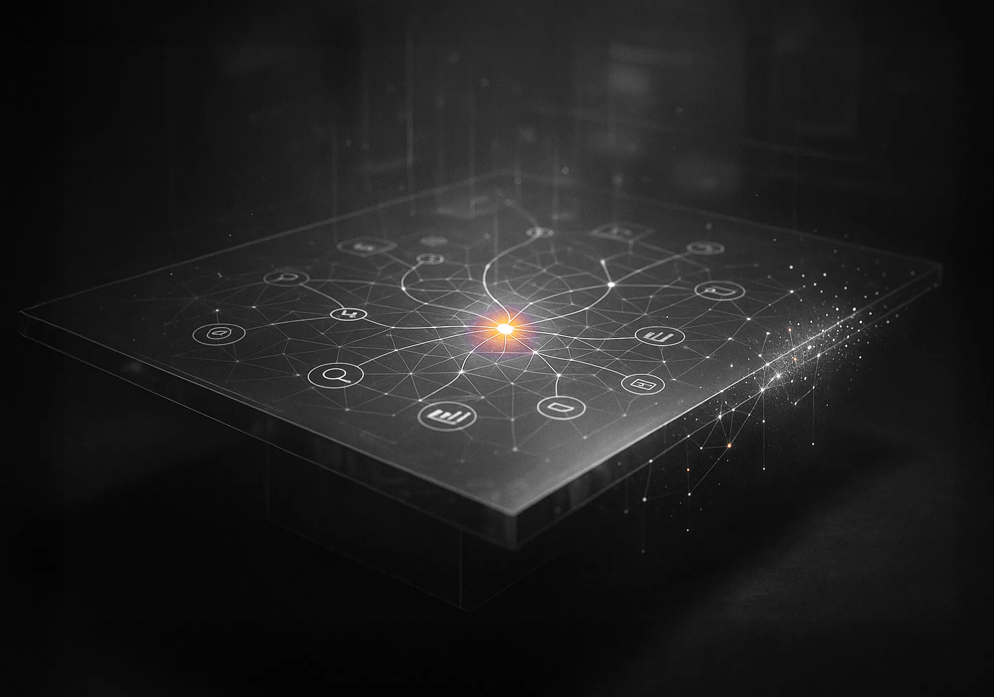 Control board–like digital interface with glowing central node and icons, representing social media advertising services.