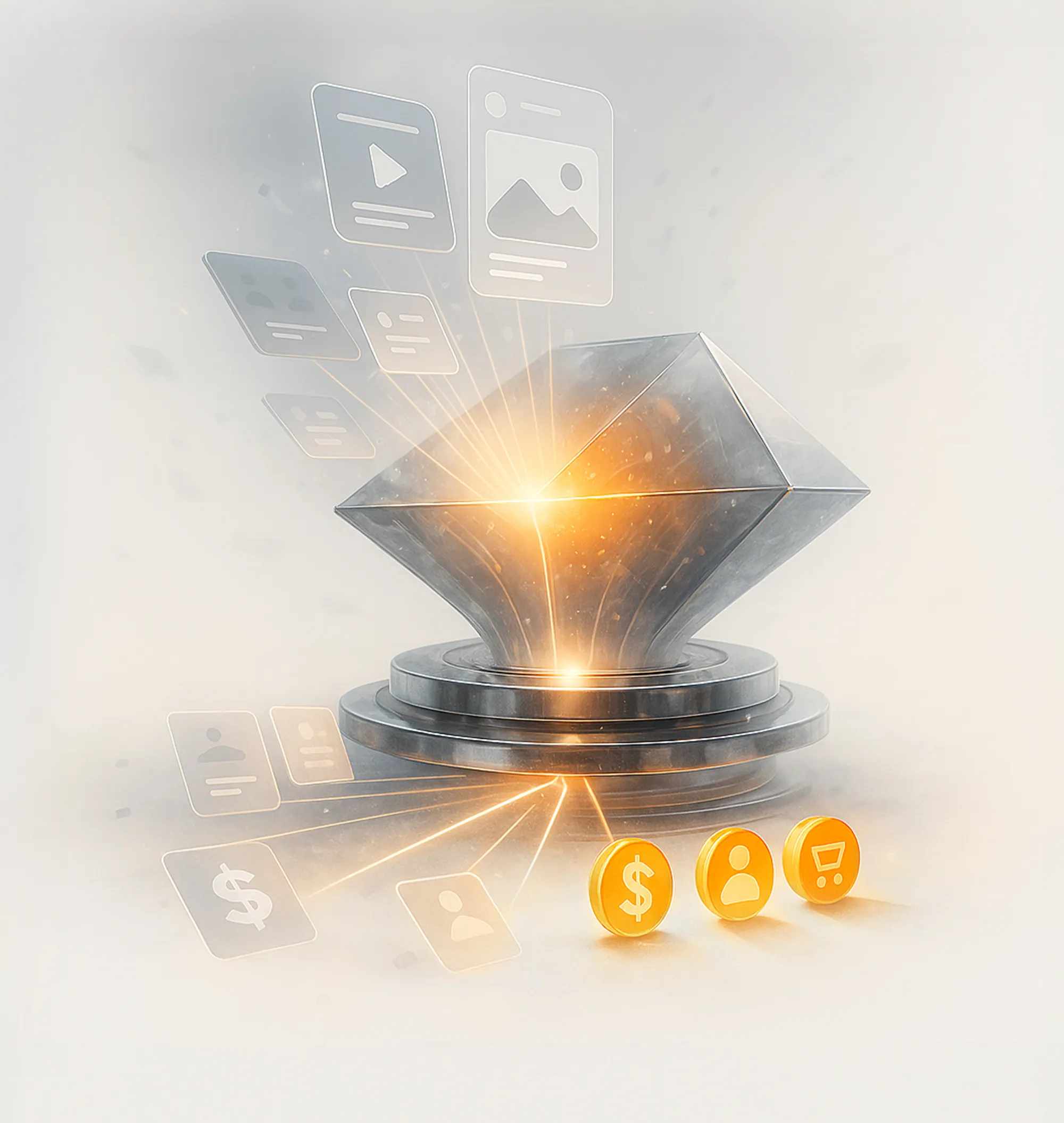 A glowing metallic shape with social media icons and three gold coins, representing our social media advertising activities.