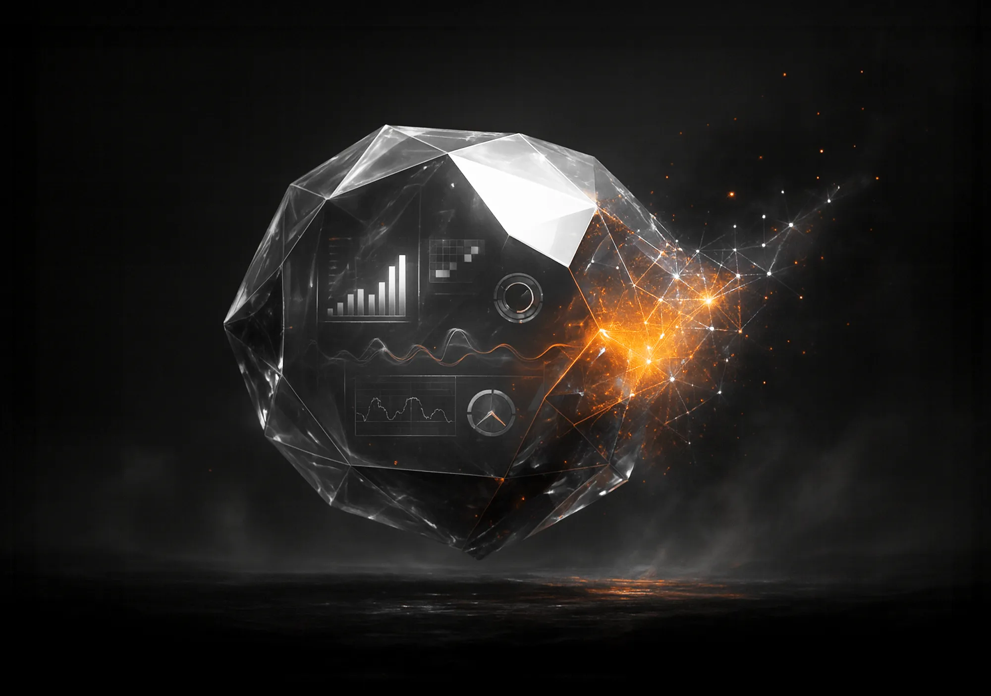Abstract glass sphere with graphs and orange light, illustrating social media monitoring and analytics.