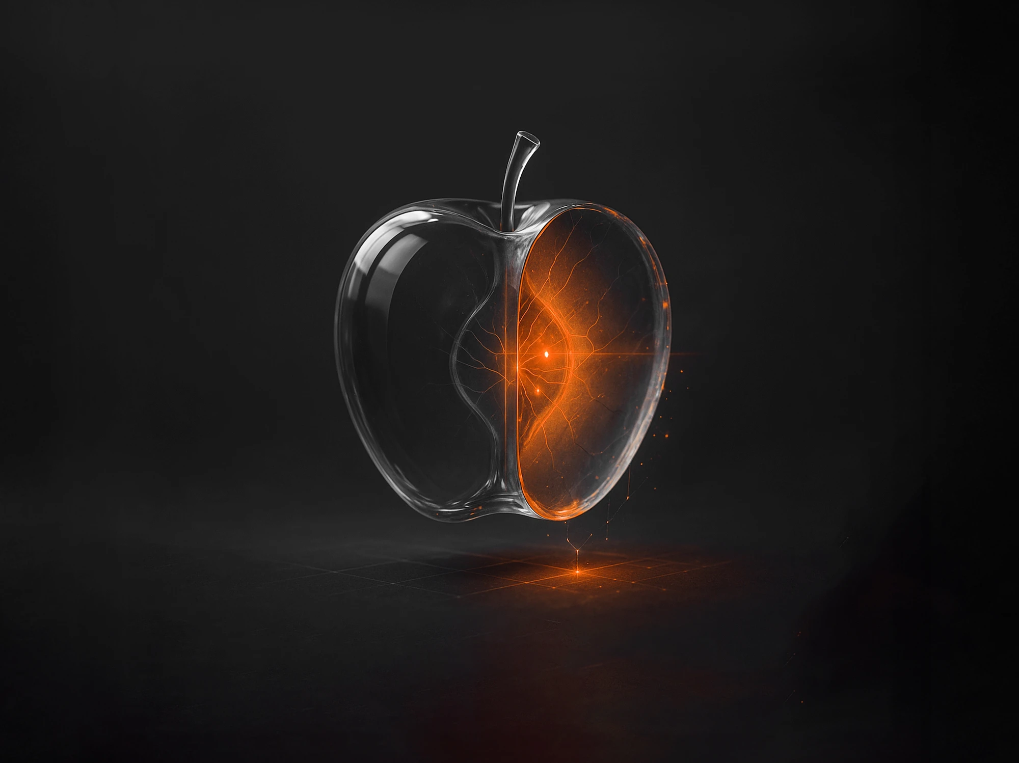 Transparent glass-eple med glødende oransje kjerne – symboliserer innsikt fra sosiale medier audit og strategi.