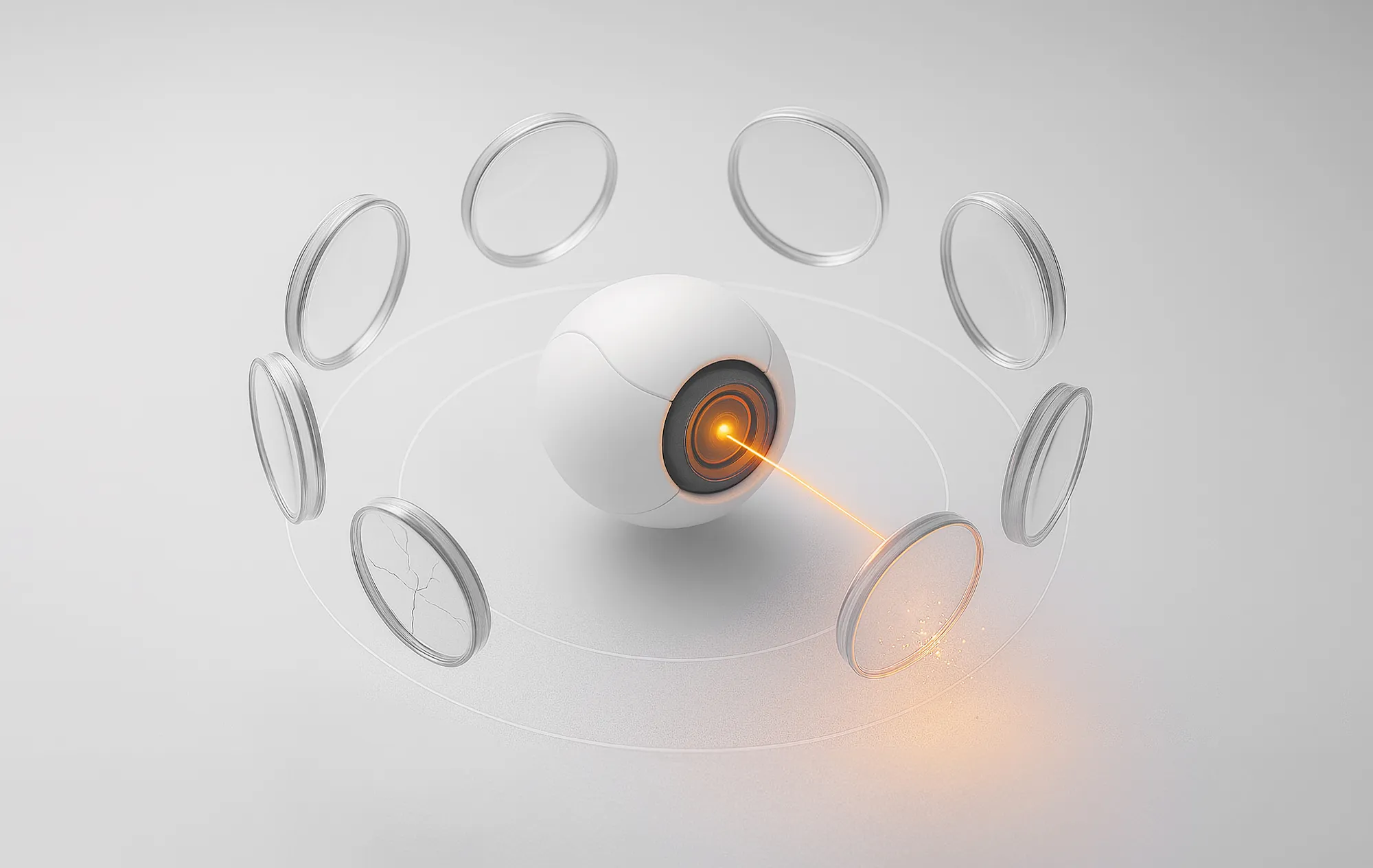 Hvitt robotøye med oransje sentrum som sender en stråle mot en transparent ring – illustrerer analyse i digital markedsføring.