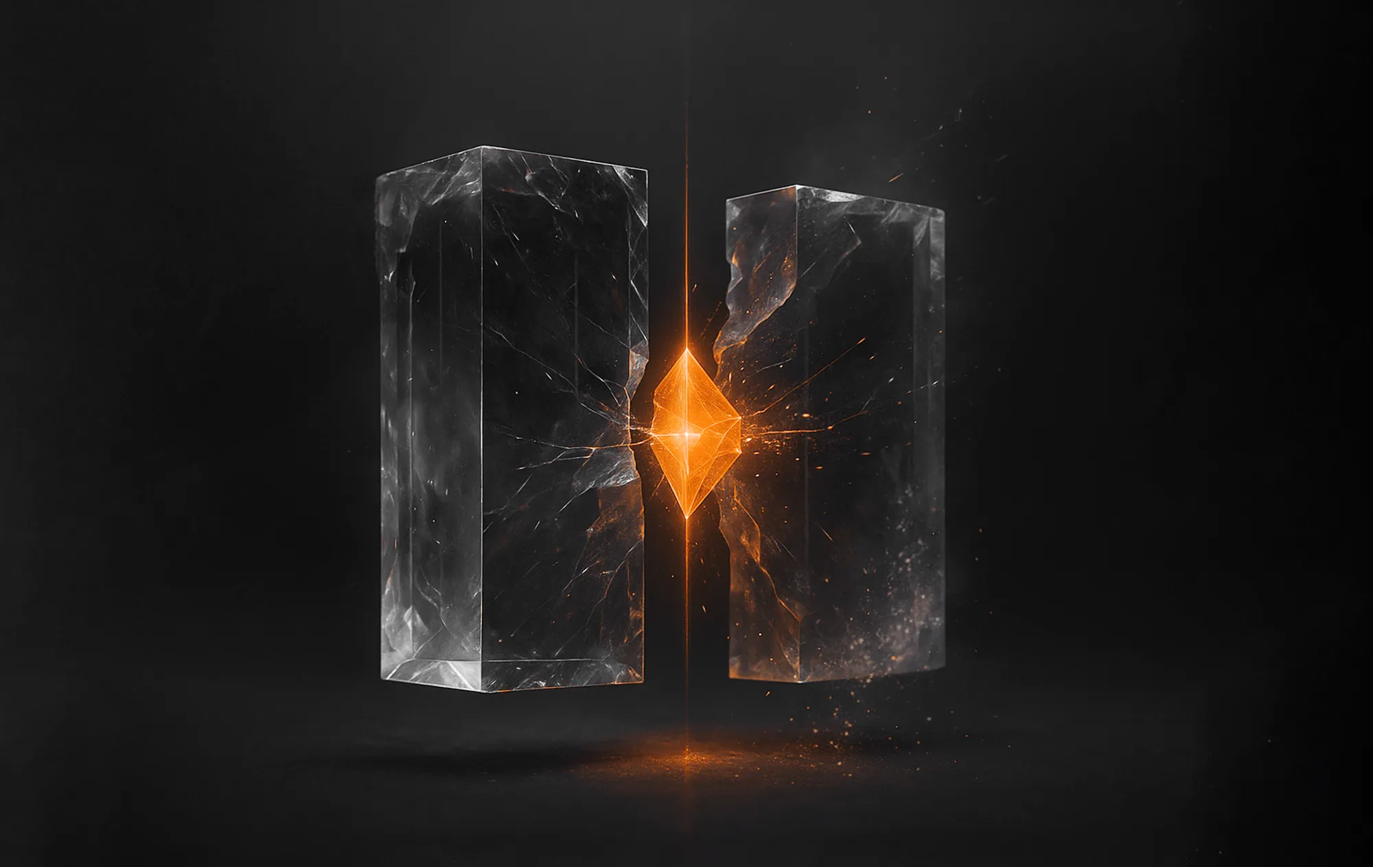 Glødende oransje krystall mellom to glassblokker – symboliserer A/B-testing for LinkedIn-annonsering.