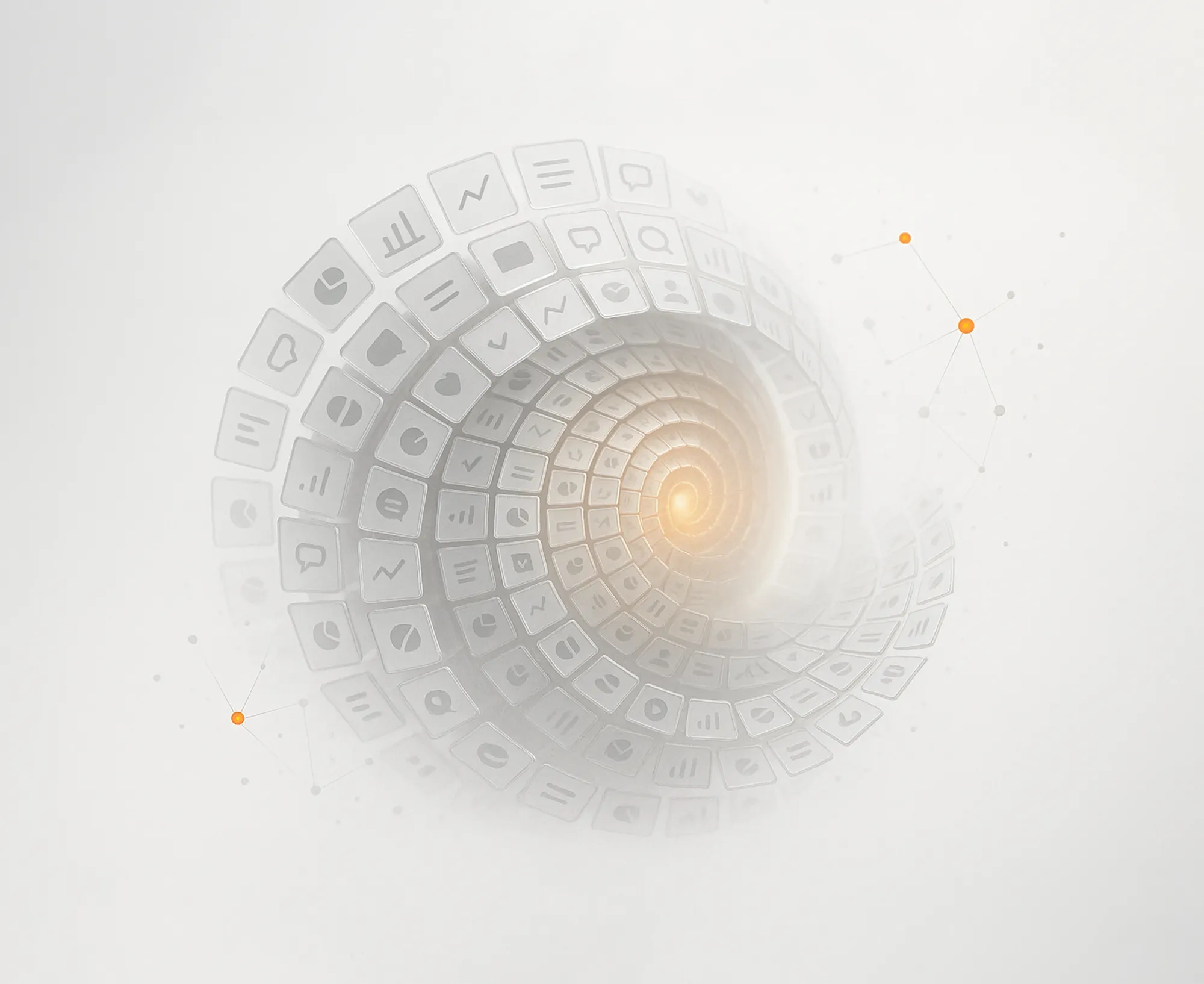 Abstract vortex of social icons with bright core, symbolizing white label social media management solutions.